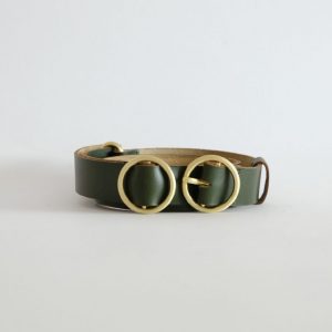 a green adjustable belt with brass hardware