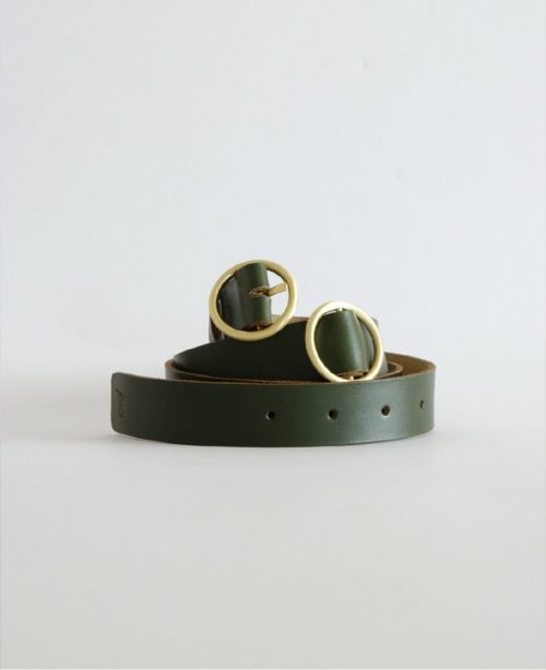 a green adjustable belt with brass hardware and fold logo